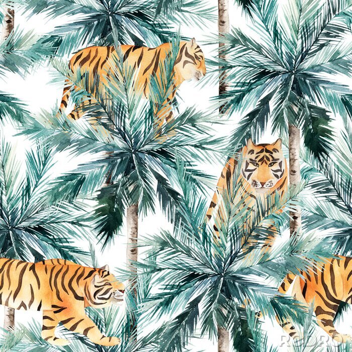 Poster Jungle naadloze patroon. Tropische palmen en tijger. Hand getekend aquarel illustratie