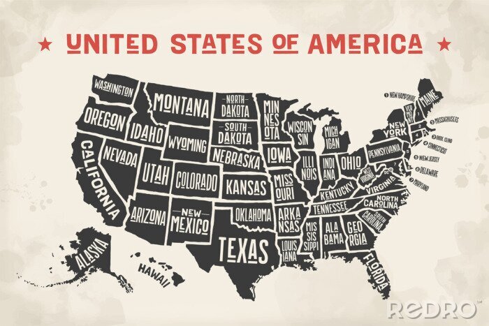 Poster kaart poster van de Verenigde Staten van Amerika met de staat namen. Zwart-wit afdrukken kaart van de VS voor t-shirt, poster of geografische thema's. Hand-drawn zwarte kaart met staten. vector Illust