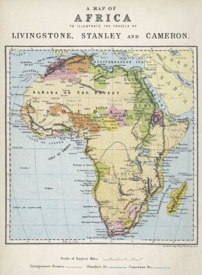 Poster Kaart van Afrika illustreert reizen van ontdekkingsreizigers. Datum: 19e eeuw