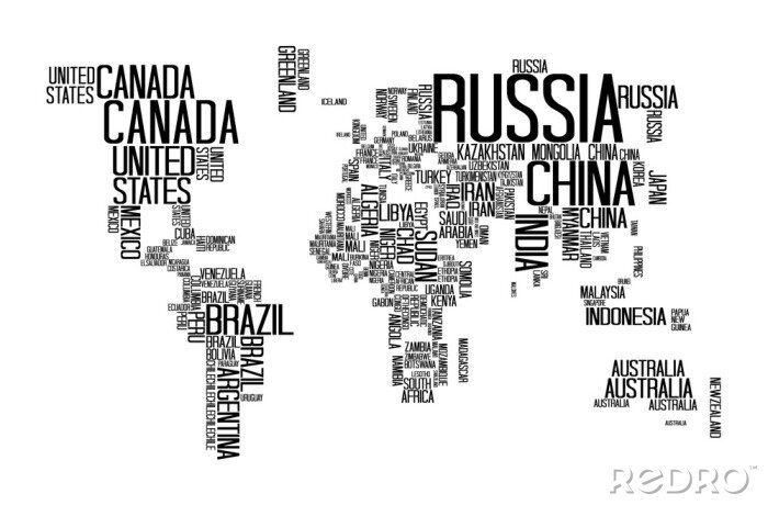 Poster Kaart van de wereld met landen naam tekst, World Map Letter, Wereldkaart Typografie