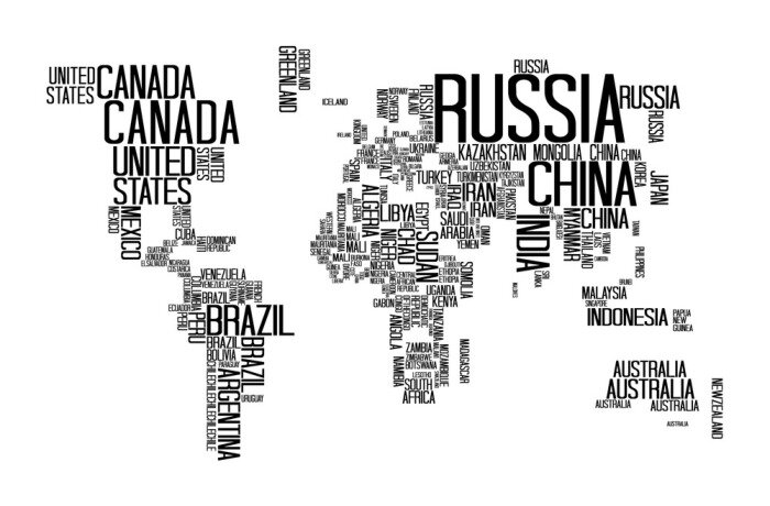 Poster Kaart van de wereld met landen naam tekst, World Map Letter, Wereldkaart Typografie