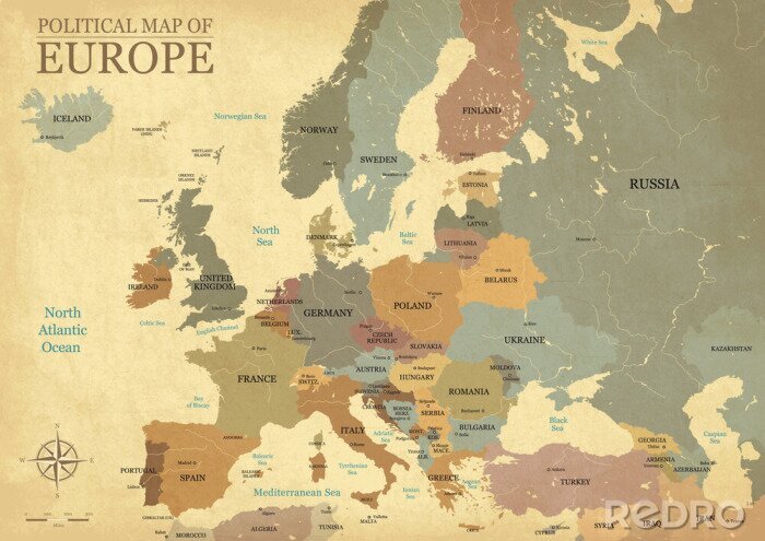 Poster Kaart van Europa met hoofdletters - Vintage textuur - Engelse / Amerikaanse taal - Vector CMYK