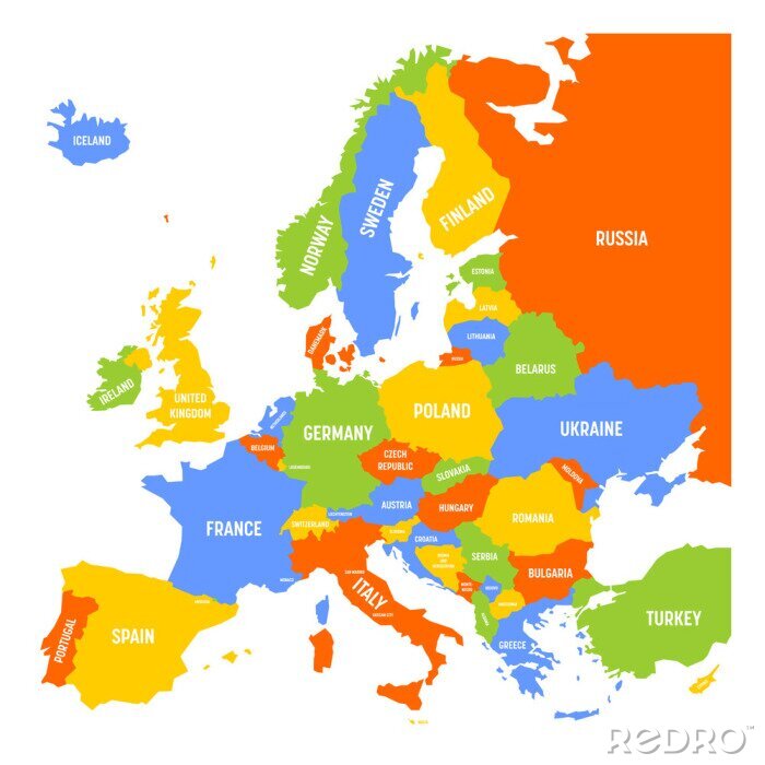 Poster Kaart van Europa met namen van soevereine landen, ministaten en Kosovo inbegrepen. Vereenvoudigde vectorkaart in vier kleurenthema op witte achtergrond.
