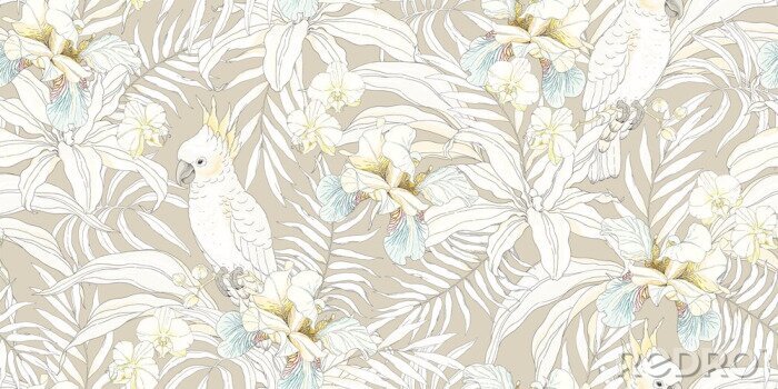 Poster Kaketoe papegaaien tussen orchideeën bloemen