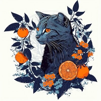 Poster Kat en oranje fruit