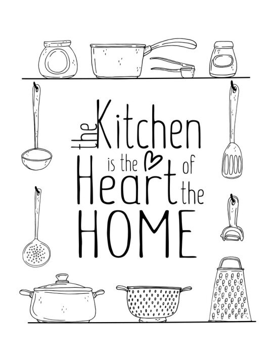 Poster kitchen poster with hand drawn kitchenware, spice and lettering on a white background.