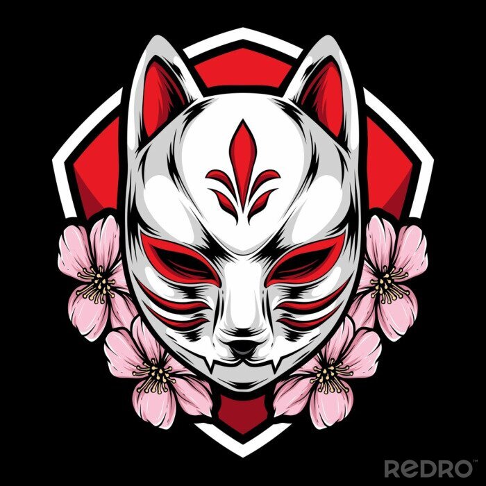 Poster kitsune mask with sakura vector