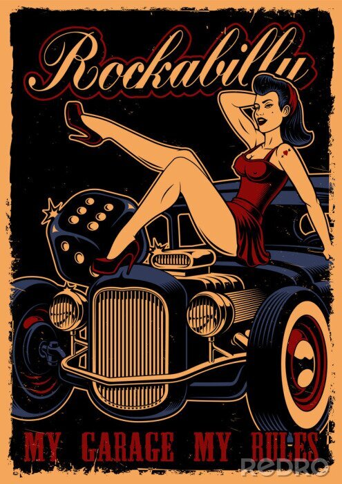 Poster Klassieke auto en pin-up girl