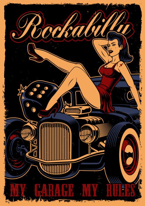 Poster Klassieke auto en pin-up girl