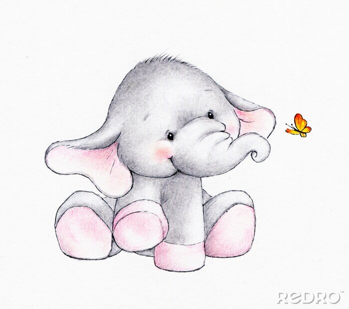 Poster Kleine olifant en vlinder
