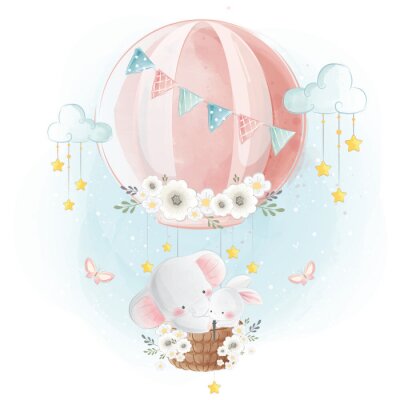 Sticker Kleine olifanten vliegen in een ballon