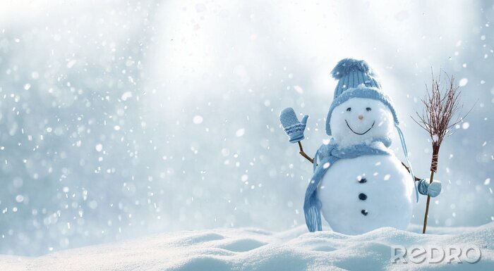 Poster Kleine sneeuwpop met een bezem en een hoed