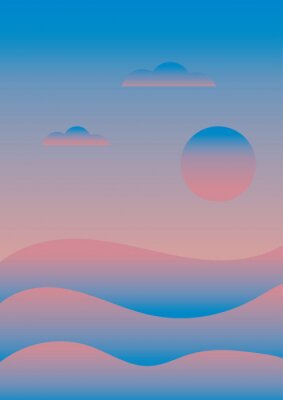 Poster Kleurrijk abstract zonsopganglandschap over de overzeese oceaan en blauwe hemel.