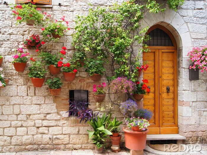 Poster Kleurrijke bloemen buiten een huis in Assisi, Italië