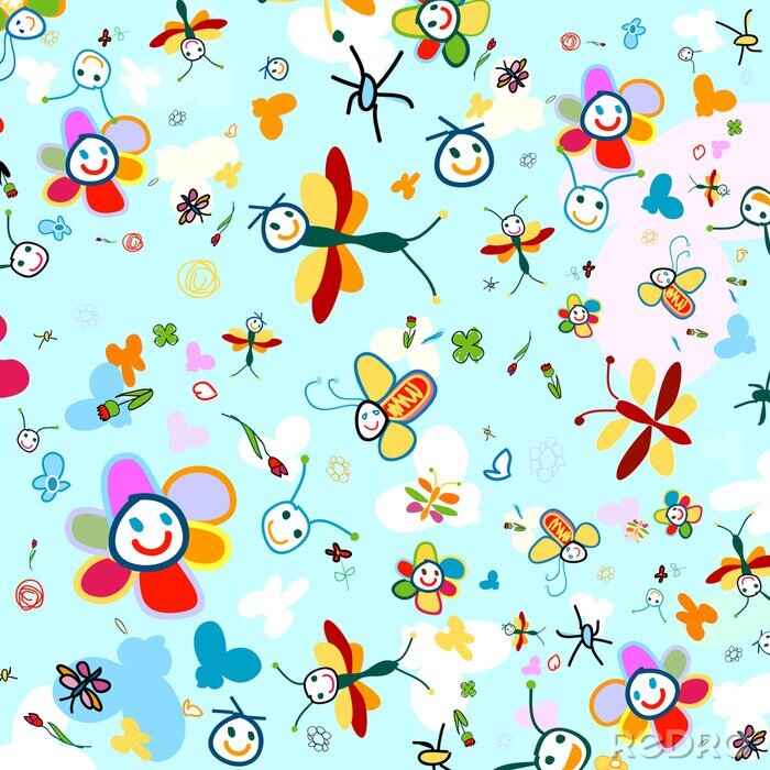 Poster Kleurrijke bloemen en wezens