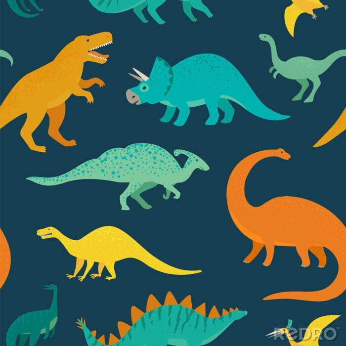 Poster Kleurrijke dinosaurussen die op een marineblauwe achtergrond lopen