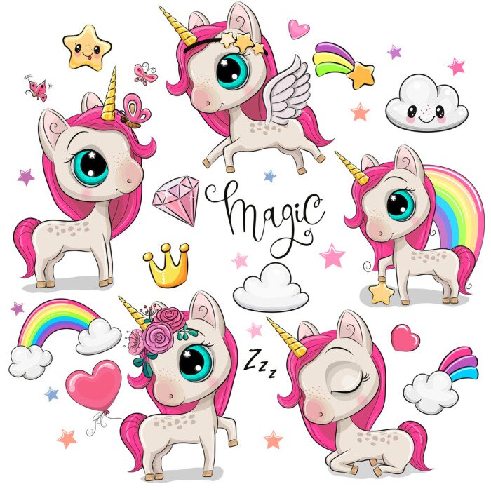 Poster Kleurrijke eenhoorns en een lachende wolk