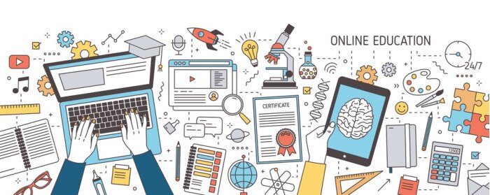 Poster Kleurrijke horizontale banner met handen die op laptop typen en tabletcomputer en diverse bureaulevering houden. Afstand online onderwijs, internet leren. Vectorillustratie in lijn kunststijl.