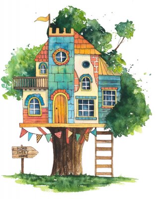 Poster Kleurrijke kinderboomhut tekening