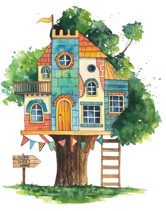 Poster Kleurrijke kinderboomhut tekening