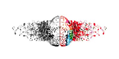 Kleurrijke menselijke hersenen met muzieknota's geïsoleerd vector illustratieontwerp. Artistieke muziekfestivalaffiche, live concert, creatief muzieknotenontwerp