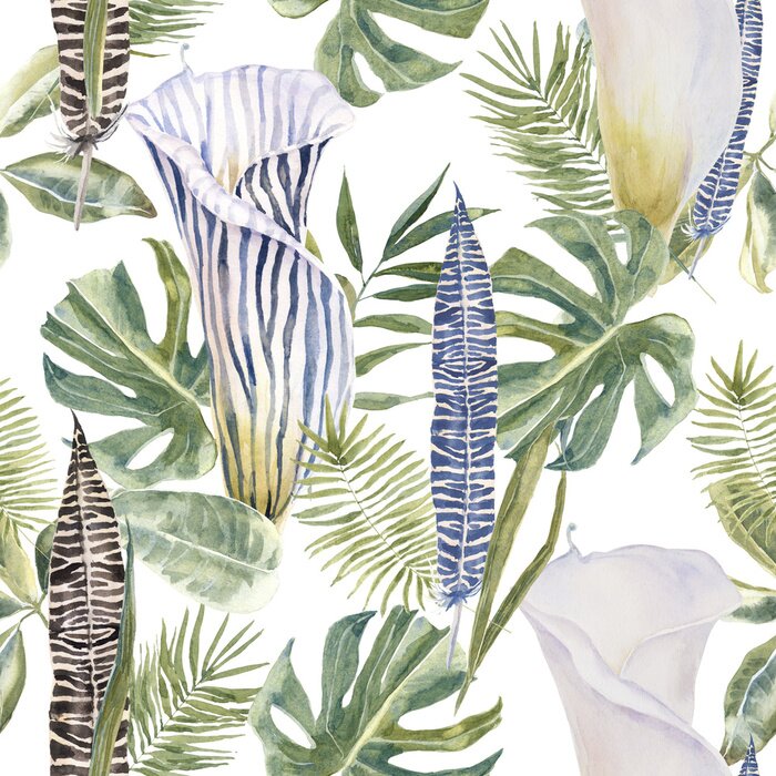 Poster Kleurrijke natuurbekers bloemen op monstera