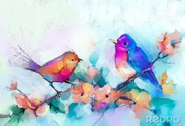 Poster Kleurrijke vogels in bloemen