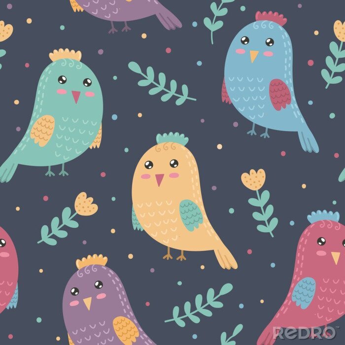 Poster Kleurrijke vogels op een donkere achtergrond