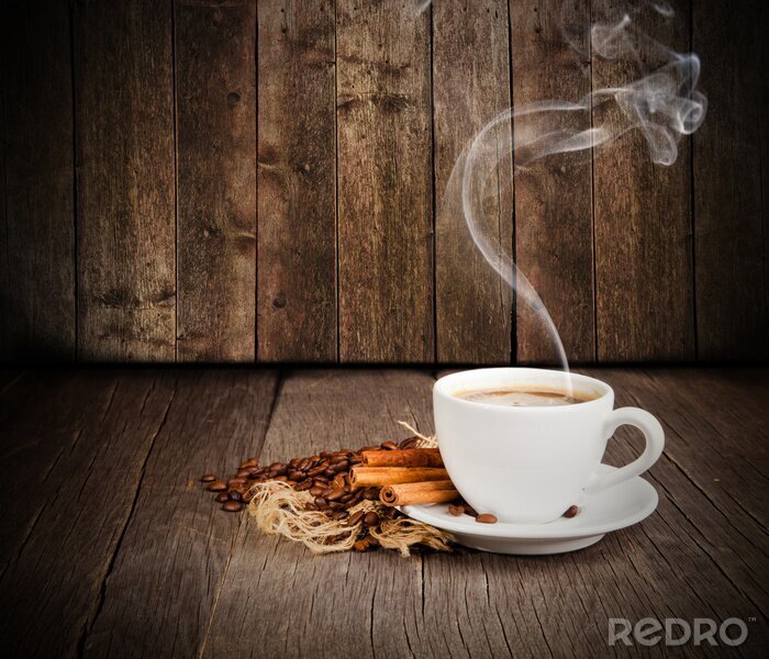 Poster Koffie in een kopje bonen en kruiden