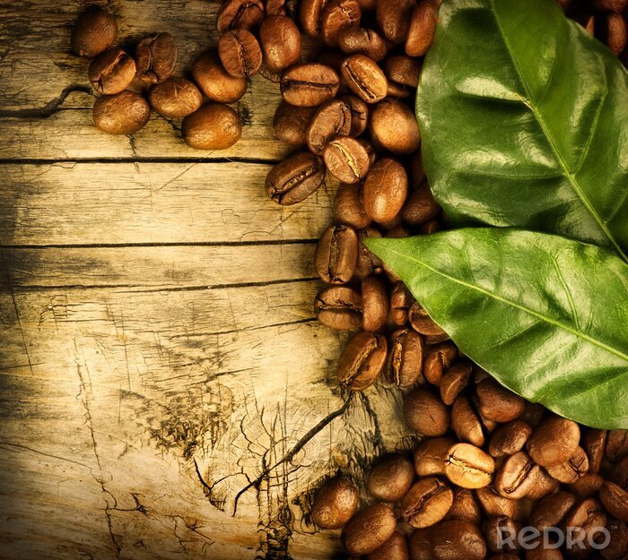 Poster Koffiebonen en bladeren op hout