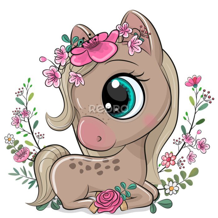 Poster Komisch paard in bloemen