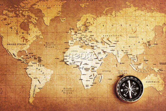 Poster Kompas op een oude kaart