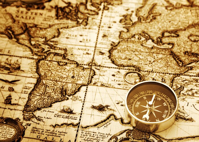 Poster Kompas op vintage kaart