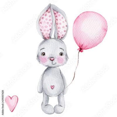 Poster Konijn met een ballon in aquarel