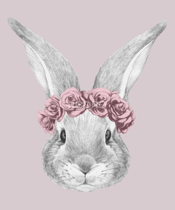 Poster Konijnenportret met bloemenkrans op roze achtergrond