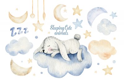 Poster Konijntje slapend op een wolk omgeven door sterren