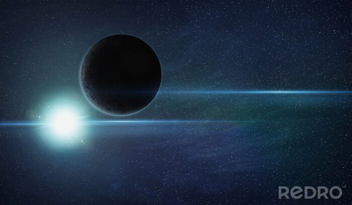 Poster Kosmische ruimte met donkere planeet en stergloed
