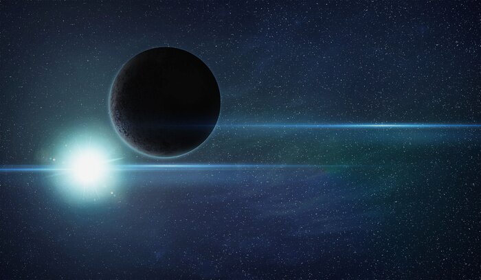 Poster Kosmische ruimte met donkere planeet en stergloed