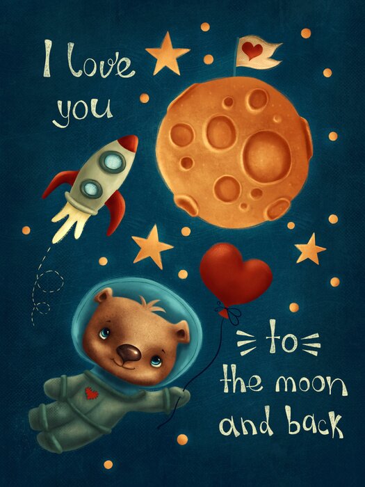 Poster Kosmonaut beer in de ruimte met ballonhart