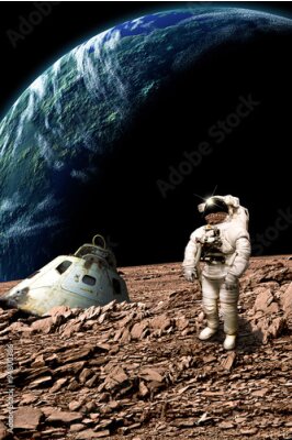 Poster Kosmonaut op een buitenaardse, rotsachtige planeet