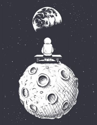 Poster Kosmonaut zittend op een bankje op de maan kijkend naar de aarde
