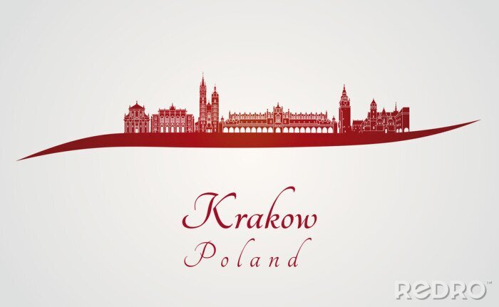 Poster Krakow skyline in het rood