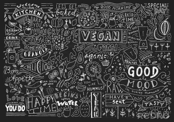 Poster Krijtbord keuken kunst, Blackboard belettering kunst aan de muur, keuken schoolbord teken. Cafe sjabloonontwerp. Restaurant muur typografie.