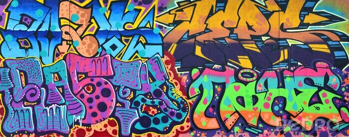 Poster Kunst ondergronds. Prachtige straatkunstgraffiti stijl. De muur is versierd met abstracte tekeningen huisverf. Moderne iconische stedelijke cultuur van straat jeugd. Abstracte stijlvolle foto op de mu