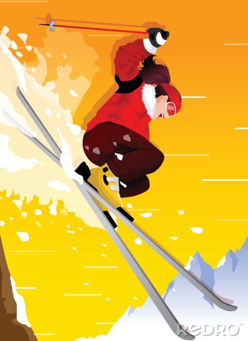 Poster Lage hoekmening van een vrouw skiën