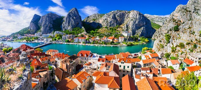Poster Landmarks of Croatia - impressive Omis town popular tourist destination for trekking and rafting over Cetina river
