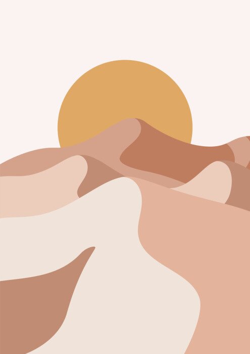 Poster Landscape design with desert hills. Sunset in mountains. Abstract wavy shapes in trendy style. Vector backdrop.