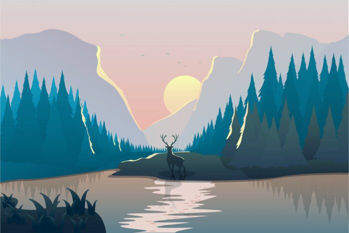 Poster Landscape vector illustration with a deer, river, spruce forest and mountains at sunset
