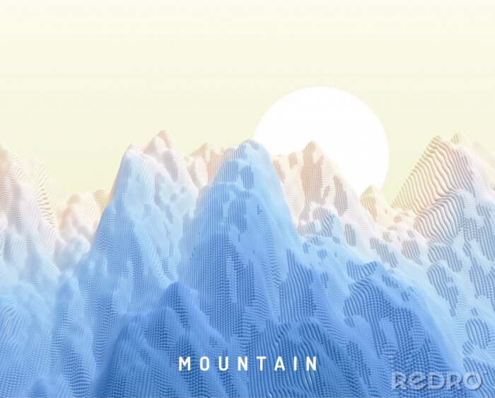Poster Landscape with mountains and sun. Sunrise. Mountainous terrain. Abstract background. Vector illustration.