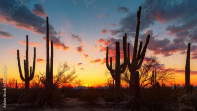 Landschap met cactussen tegen de achtergrond van een zonsondergang in Arizona